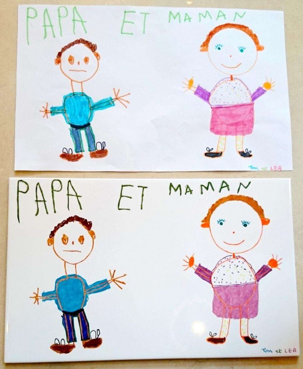 Grand carreau de faïence personnalisé d'après un dessin d'enfant.